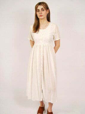 90s Beaded Maxi Dress (L) large white vintage short sleeve hippy coquette dainty